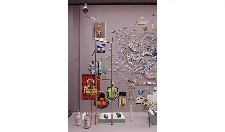 detail of exhibition work including small scent bottles